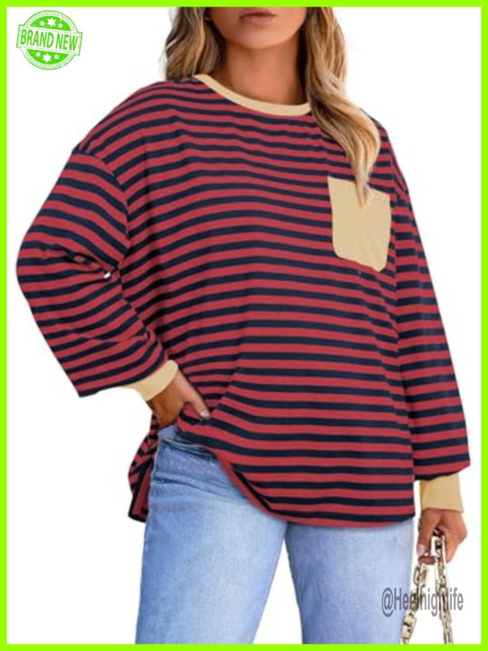 Plus Size Striped Long Sleeve Crewneck Tee with Pockets Casual Top